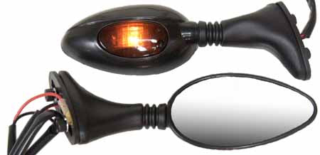 Black Fairing Mount Safety Mirrors. Fairing mount to suit 30, 40 and 50mm CC. Come with amber lens safety lights in the mirror body.  Good looking plus added safety. 20-25161 (R) 20-25162 (L)